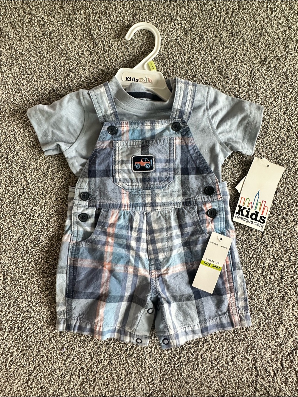 NWT Kids Headquarters Blue Plaid Shortall with Truck Patch 3-6m